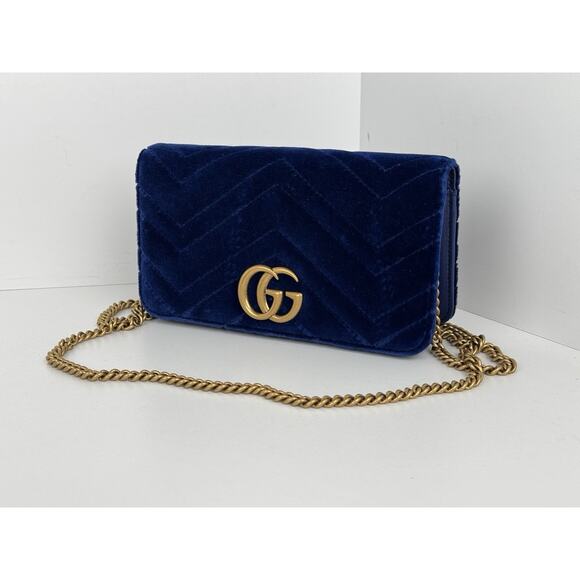 Gucci GG Marmont Blue Velvet Gold-Tone Chain Flap Crossbody Bag - Picture 1 of 16